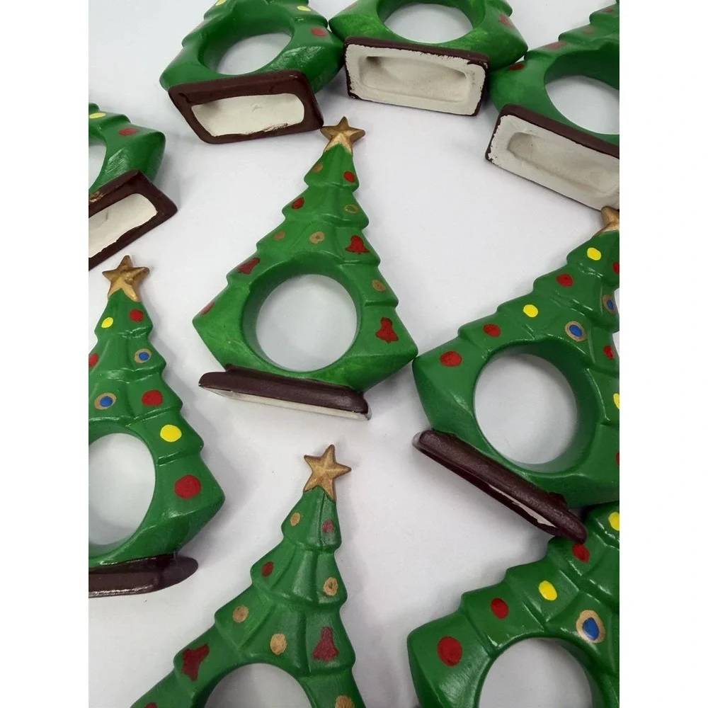 Hand painted Ceramic Christmas Tree Napkin Ring Holders Holiday Home Decor Lot